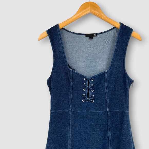 GUESS Denim Lace Up Mini Dress Blue Sleeveless Stretch Bodycon Women’s Medium - Picture 7 of 7
